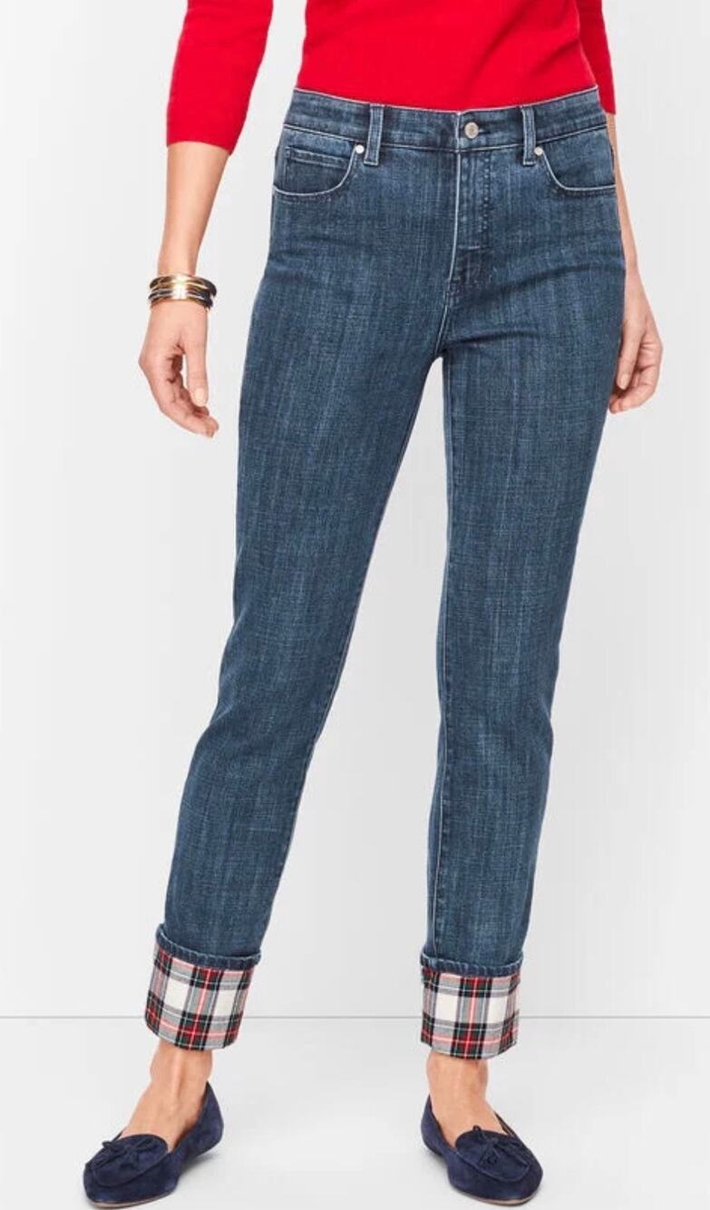 Talbots Size 4 Blue Denim High Rise Jeans With Plaid Rolled Cuffs
